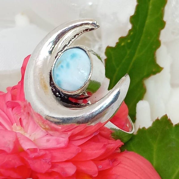 Bague Lune et pierre Larimar serti naturel  - Argent sterling 925 - Taille 61
