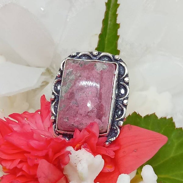 Bague texturée Thulite rose naturelle sertie - Argent Sterling 925 - Taille 53