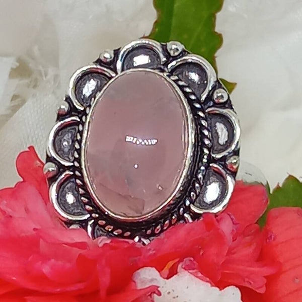 Bague texturée en pétales Quartz rose serti naturel - Argent Sterling 925 - Taille 63