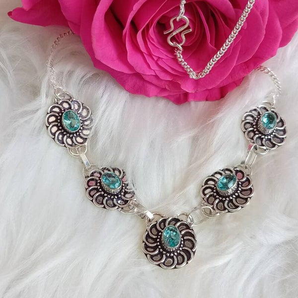 Collier de Topaze bleue x5 texturée - Argent Sterling 925