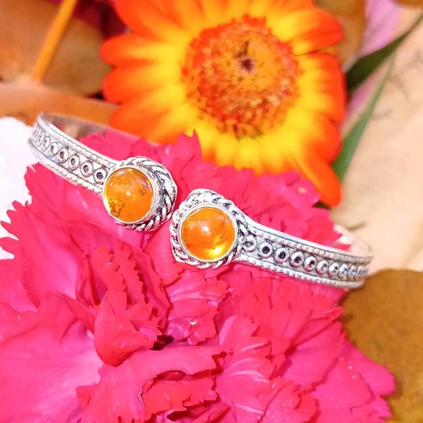 Bracelet ajustable entièrement texturé Ambre Baltique sertie naturelle Argent Sterling 925