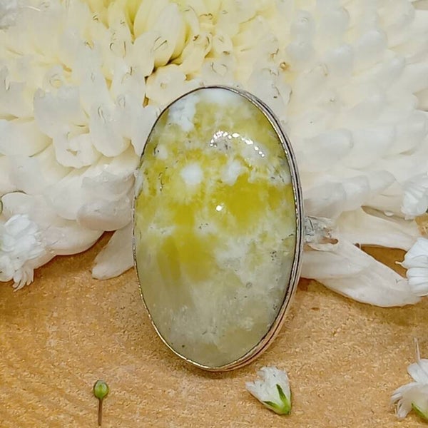 Bague Préhnite naturelle effet nuage Argent Sterling 925 Taille 68