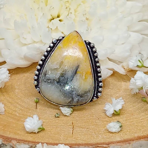 Bague Jaspe Bumble Bee naturel serti Argent Sterling Taille 52