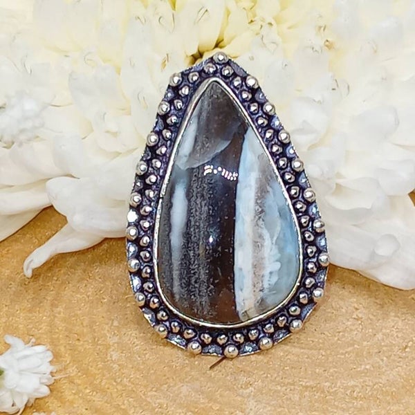Bague texturée Jaspe Owyhee Bleue naturelle sertie Argent Sterling Taille 57