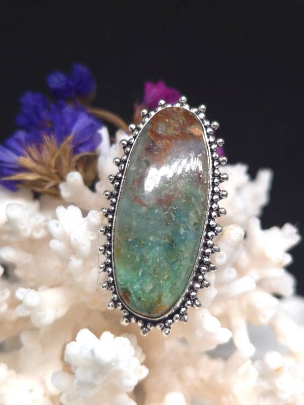 Bague Chrysocolle sertie naturelle  - Argent Sterling 925 - Taille 63