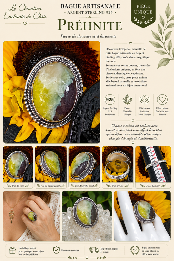Bague texturée en argent sterling Silver 925 et pierre Préhnite naturelle
