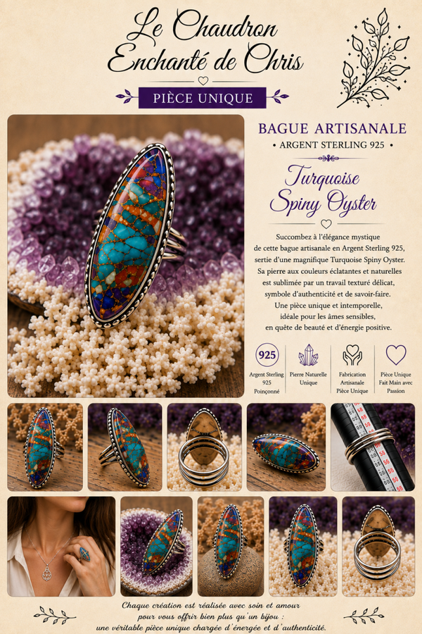 Bague texturée en argent sterling Silver 925 et pierre Turquoise Spiny Oyster sertie