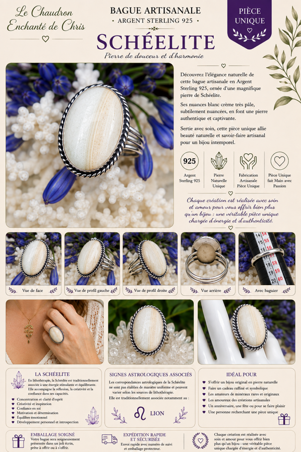 Bague texturée en argent sterling Silver 925 et pierre Scheelite
