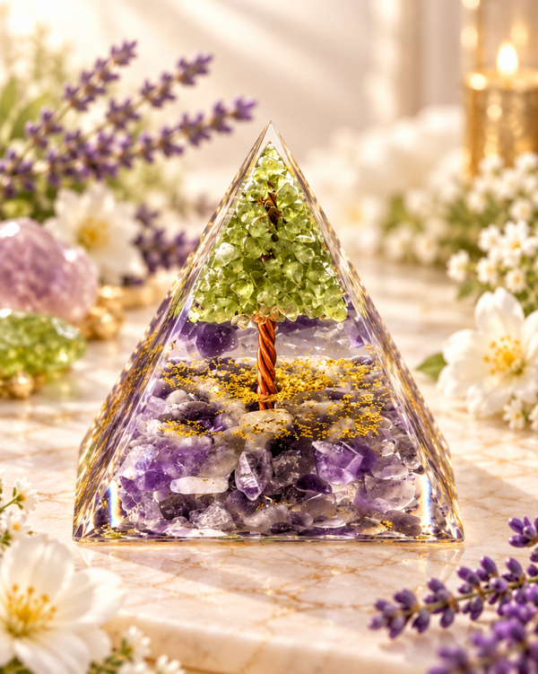 Orgonite Pyramide Améthyste & Péridot - Arbre de vie 6cm