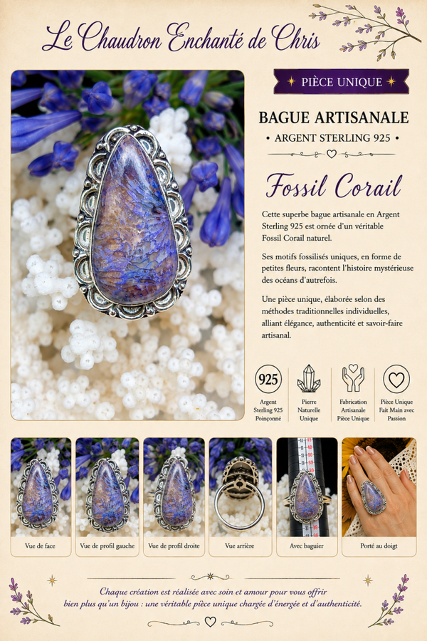 Bague texturée en argent sterling Silver 925 et pierre Fossil Corail serti
