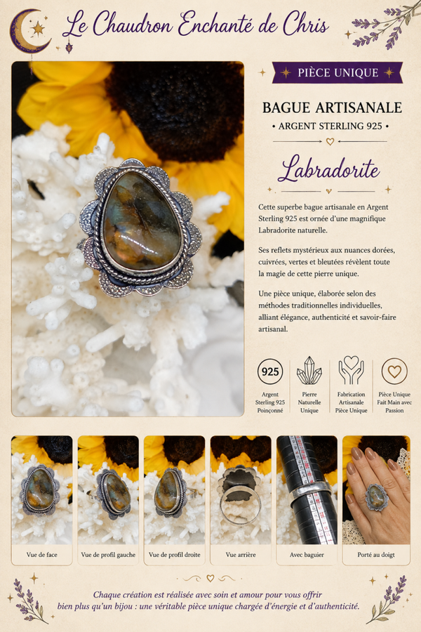 Bague texturée en argent sterling 925 et pierre Labradorite sertie