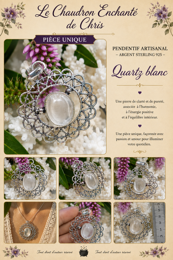 Pendentif artisanal Quartz blanc - argent sterling 925 - pièce unique
