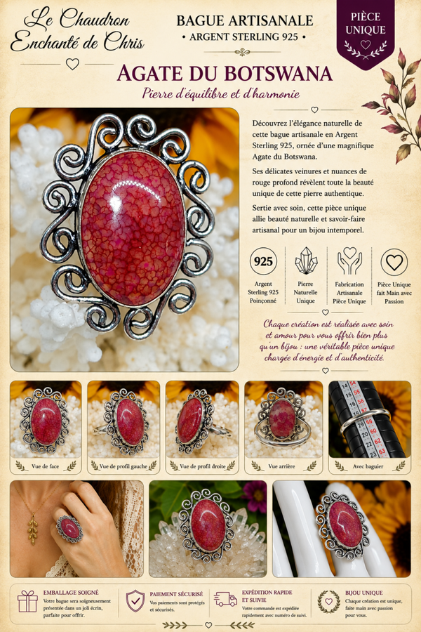 Bague en forme de fleur argent sterling et pierre Agate du Botswana