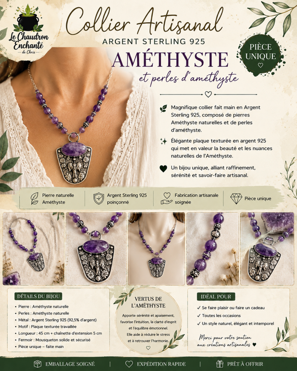 Sublime collier en argent sterling pierre et perles en Améthyste