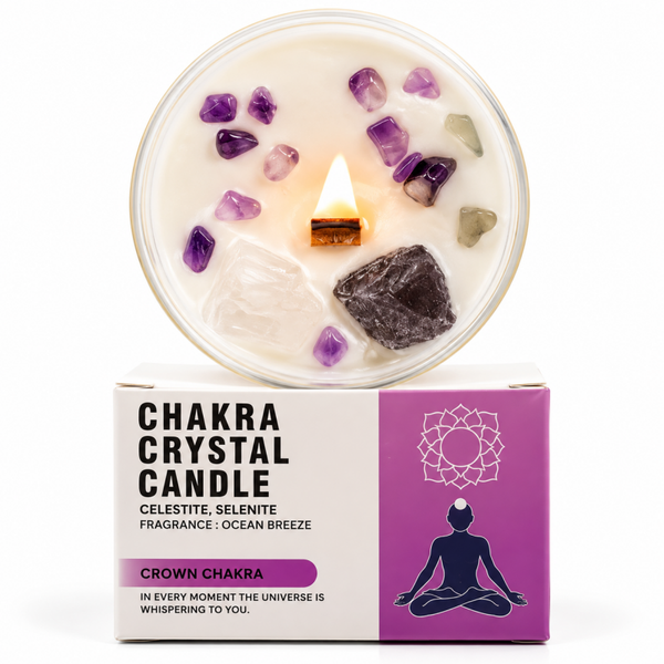 Bougie Chakra de la Couronne aux Cristaux - Célestite & Sélénite