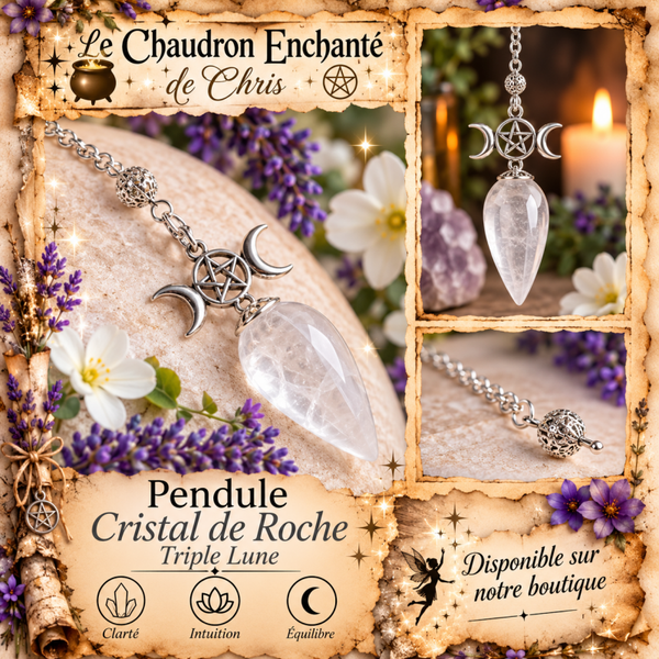 Pendule Cristal de Roche - Pentacle & Triple Lune