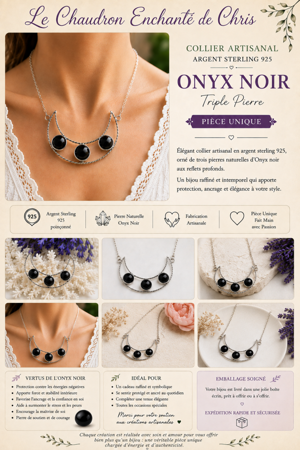 Collier en Argent Sterling ses arcs torsadé et ses pierres Onyx noirs