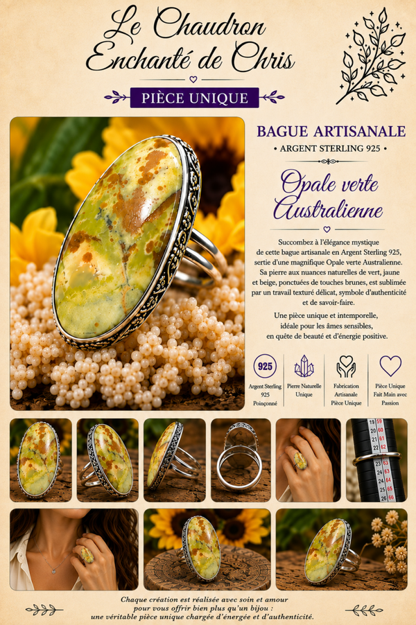 Bague texturée en argent sterling Silver 925 et pierre Opale Australienne verte sertie