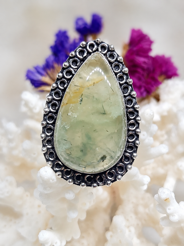 Bague Préhnite mousse naturelle sertie - Argent Sterling 925 - Taille 66