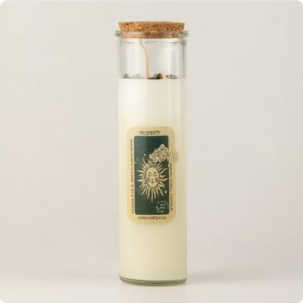 Bougie de Sortilège Prospérité - Œil de Tigre & Aventurine Verte