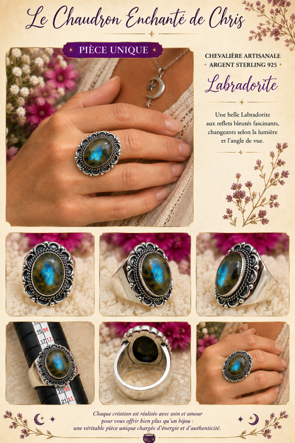 Bague chevalière mixte Labradorite argent sterling 925 texturée pièce unique