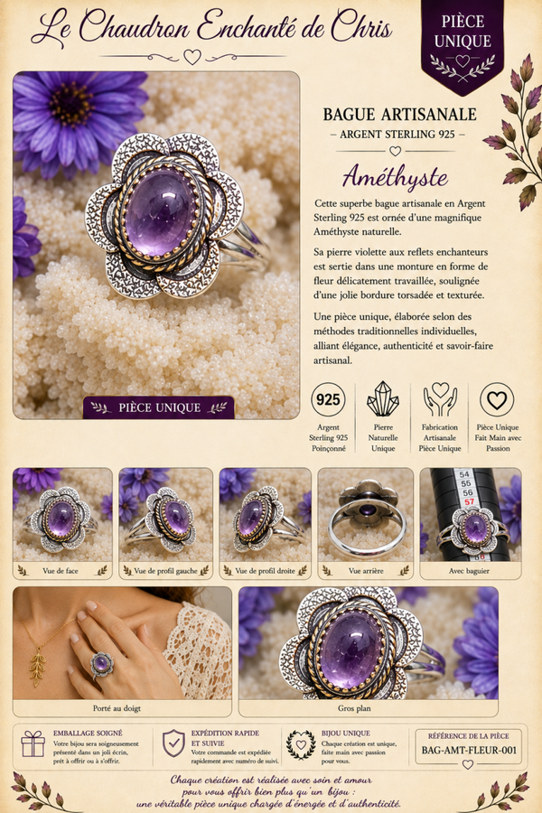 Bague fleur en argent sterling 925 et sa pierre Améthyste sertie