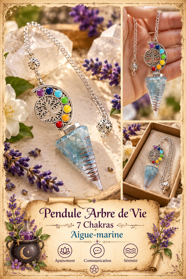 Pendule Arbre de Vie 7 Chakras - Aigue-marine naturelle