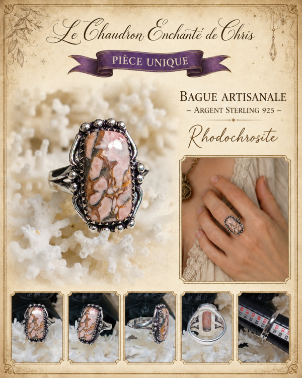 Bague artisanale texturée Rhodochrosite- argent sterling 925 - pièce unique