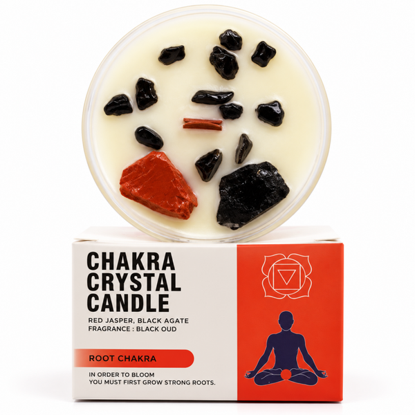 Bougie Chakra Racine aux Cristaux - Jaspe Rouge & Agate Noire