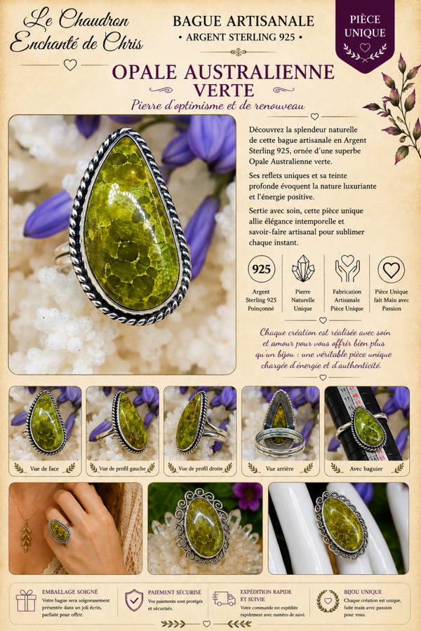 Bague texturée en argent sterling 925 et pierre Opale Australienne verte