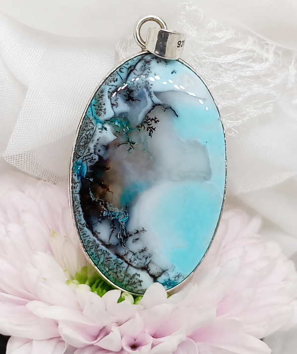 Pendentif Opale Dendritique Marine- Argent Sterling 925