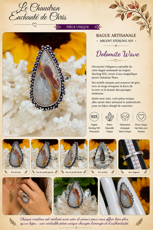 Bague texturée en argent sterling Silver 925 et pierre Dolomite wave sertie