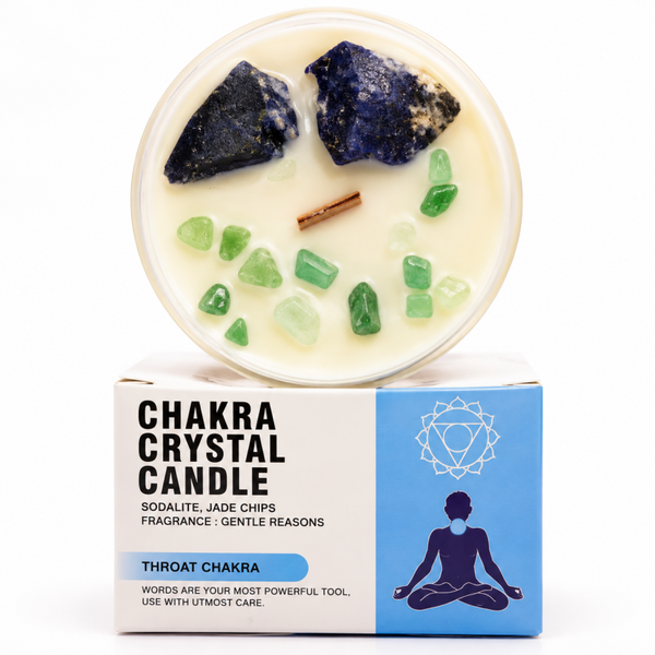 Bougie Chakra de la Gorge aux Cristaux - Sodalite & Éclats de Jade