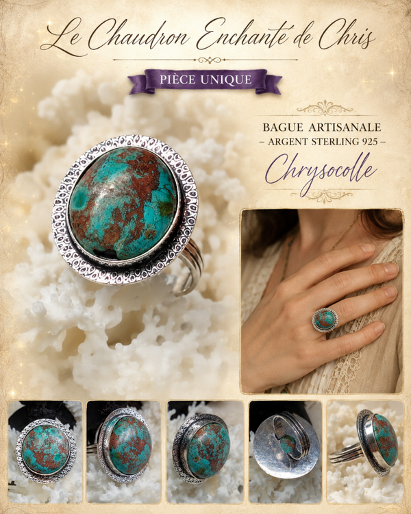 Bague texturée Chrysocolle sertie - argent sterling 925 - pièce unique