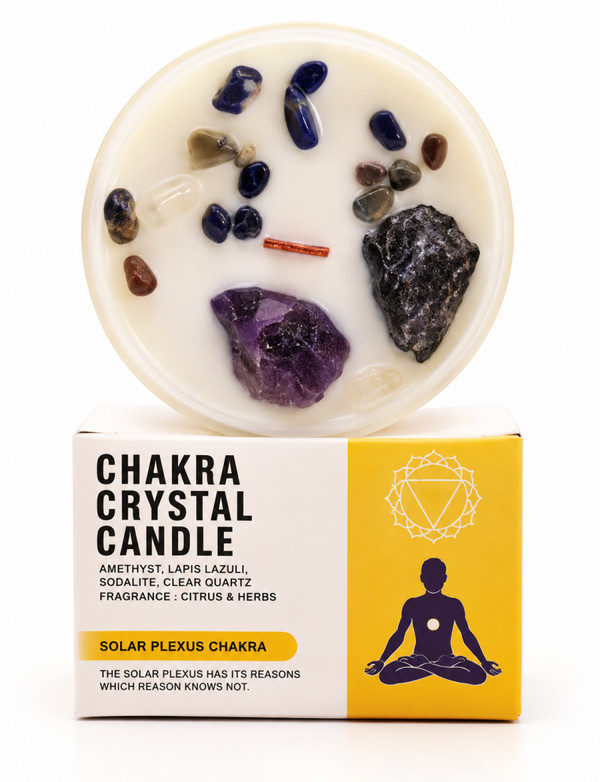 Bougie Chakra du Plexus Solaire aux Cristaux - Améthyste & Agate Noire