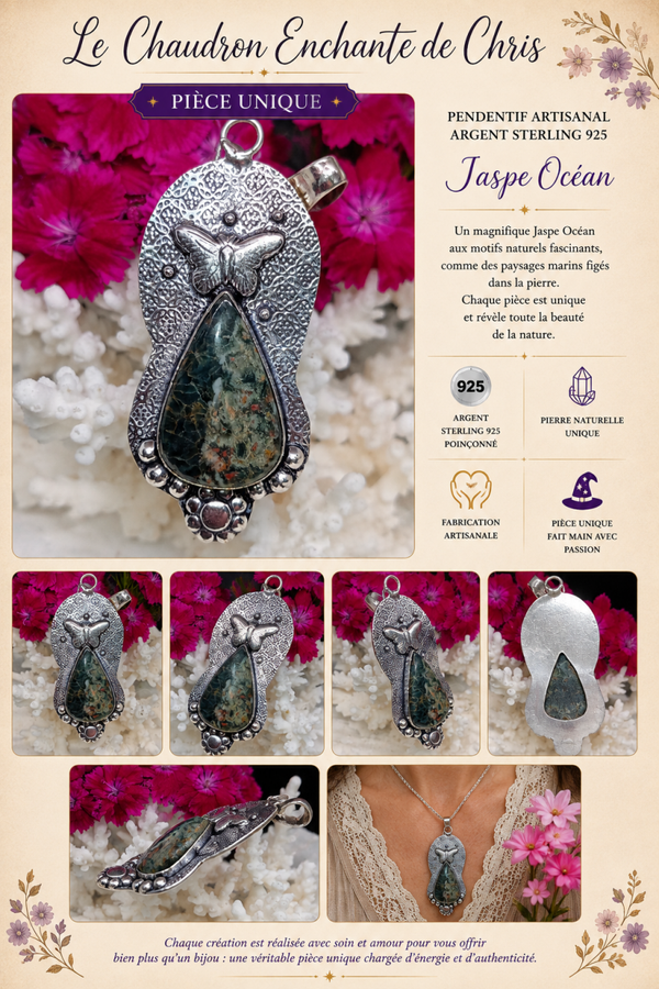 Pendentif Jaspe Océan - argent sterling 925 - Pièce unique