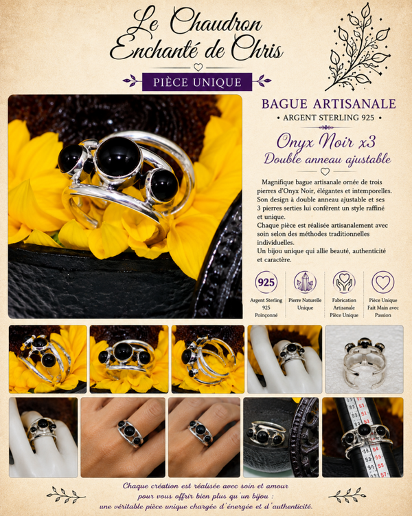 Bague ajustable en argent sterling Silver 925 et pierre Onyx noir