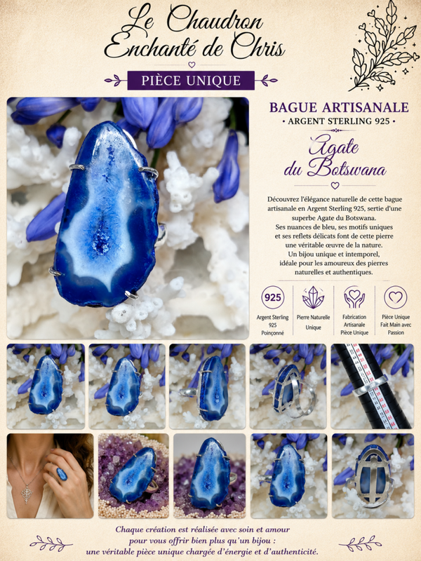 Bague sur griffes en argent sterling Silver 925 et pierre Agate du Botswana bleue