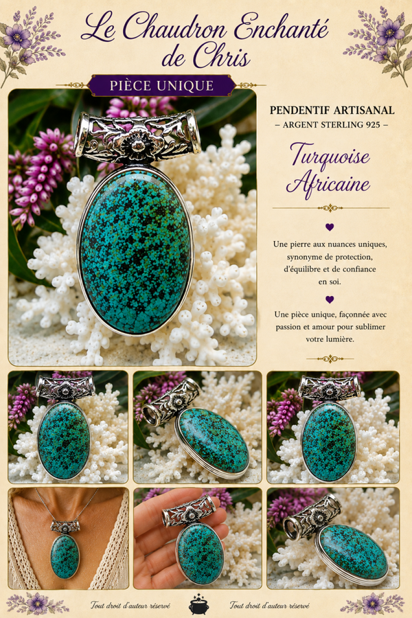Pendentif artisanal Turquoise Africaine sertie - argent sterling 925 - pièce unique