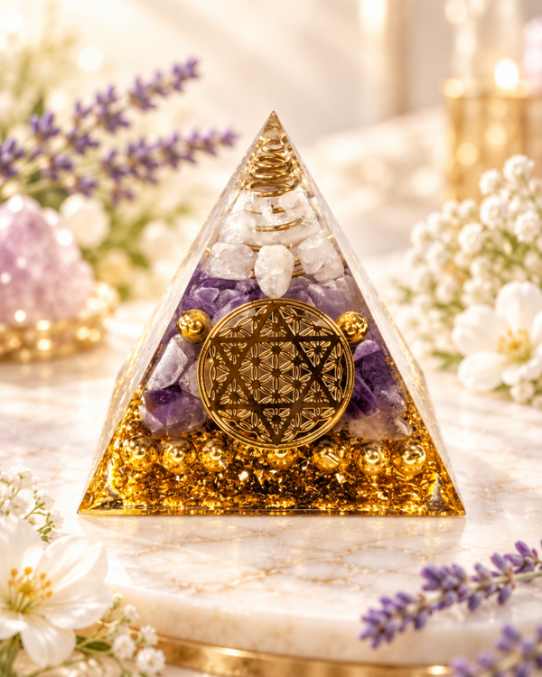 Orgonite Pyramide Cristal de Roche & Améthyste - Fleur de Vie 6cm
