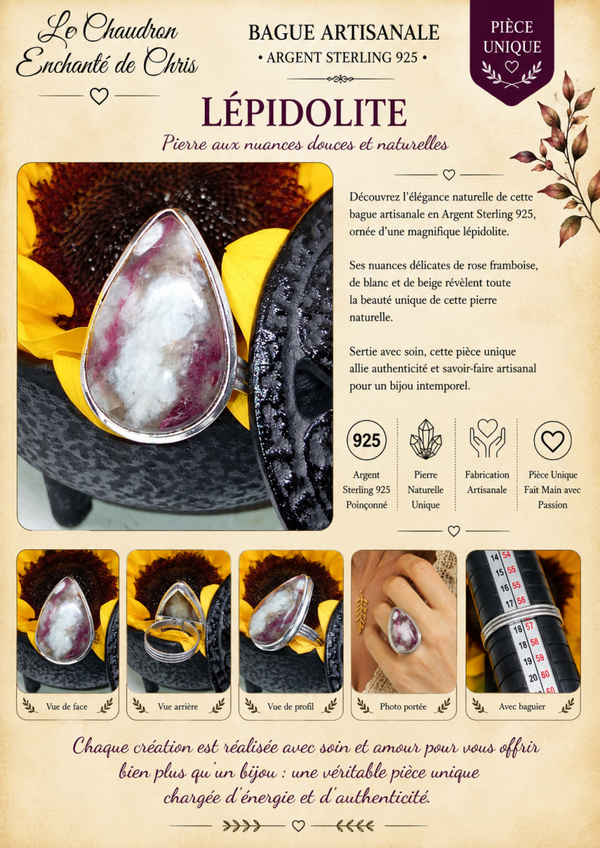 Bague texturée en argent sterling 925 et pierre Lepidolite sertie