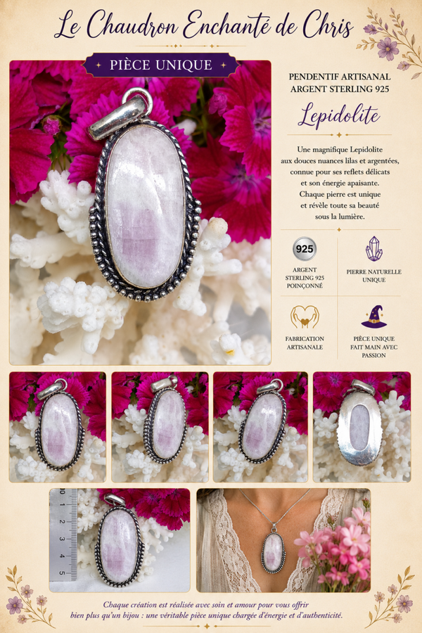 Pendentif Lépidolite - argent sterling 925 texturé - pièceunique-