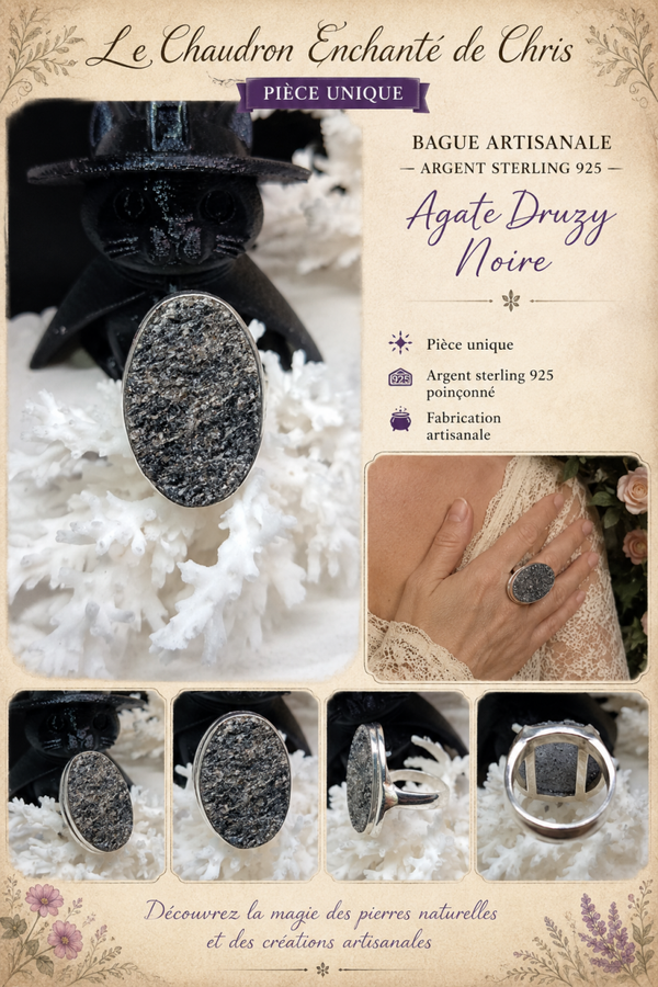 Bague artisanale Agate Druzy noire - argent Sterling 925 - pièce unique