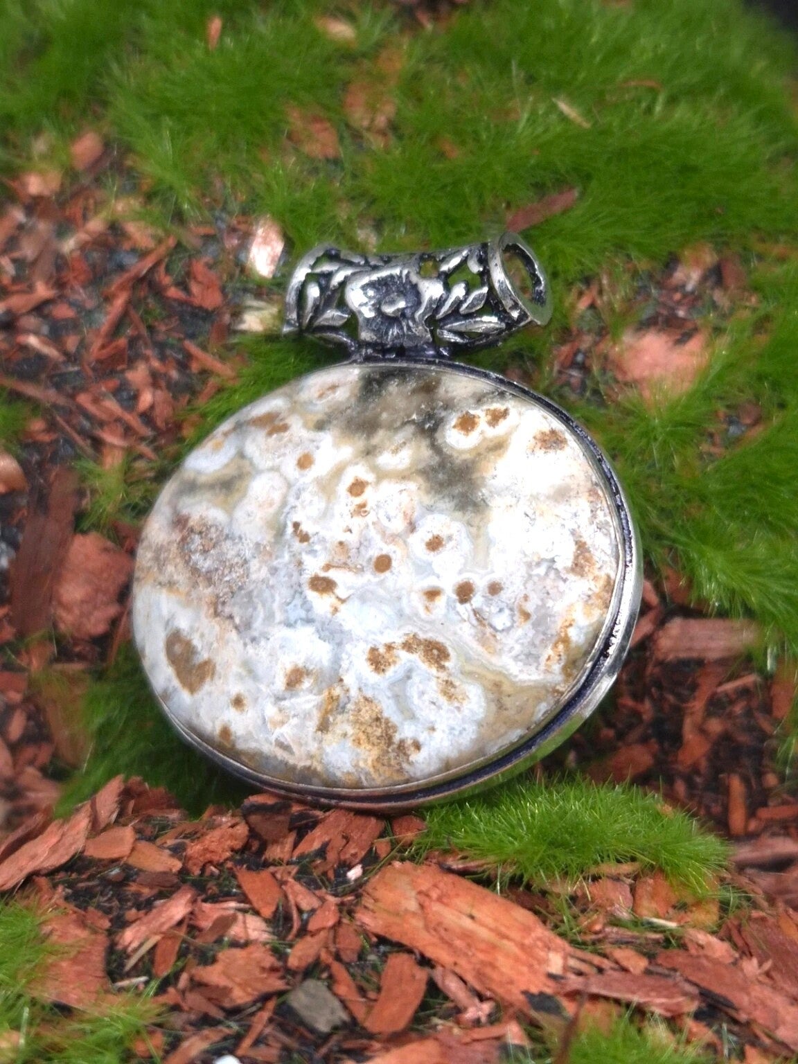 Pendentif Jaspe Océan serti naturel  - Argent Sterling
