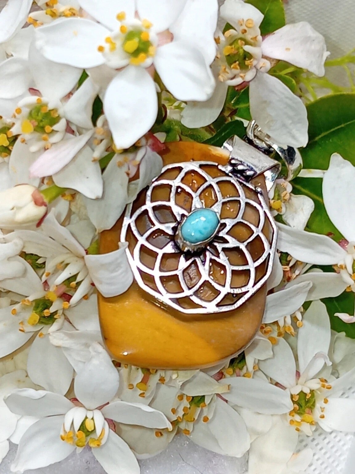 Pendentif fleur ajourée Larimar et Mookaite- Argent Sterling