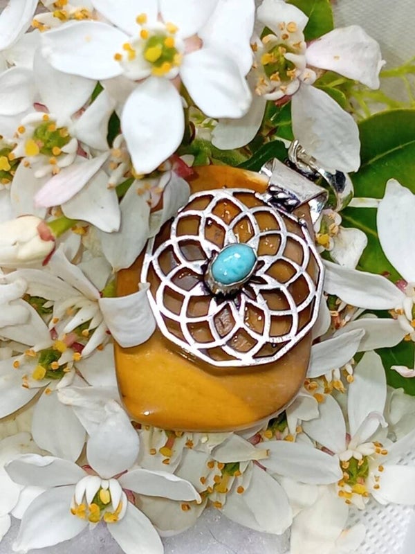 Pendentif fleur ajourée Larimar et Mookaite- Argent Sterling