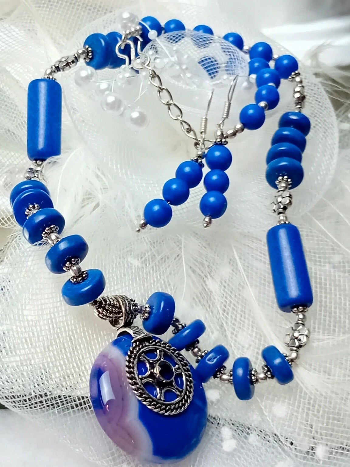 Parure boucles d'oreilles et collier pierres et perles Lapis-lazuli- Argent Sterling 925