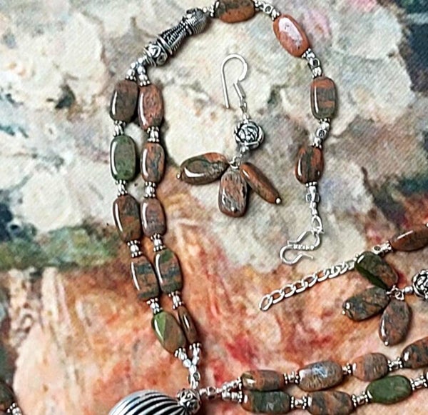 Parure Unakite naturelle sertie  - Argent Sterling 925