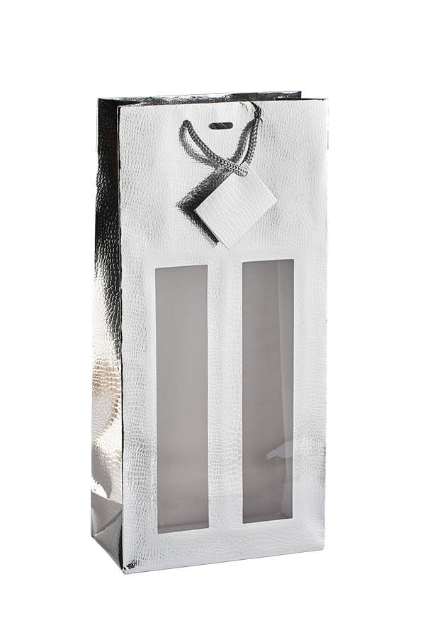 Flaschentasche Silber-Kroko mit Kunststofffenster (2 Fl.)