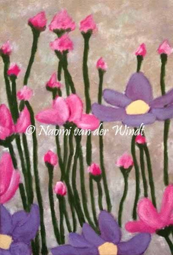 015 Roze en paarse bloemen - dubbel gevouwen kunstkaart incl. envelop